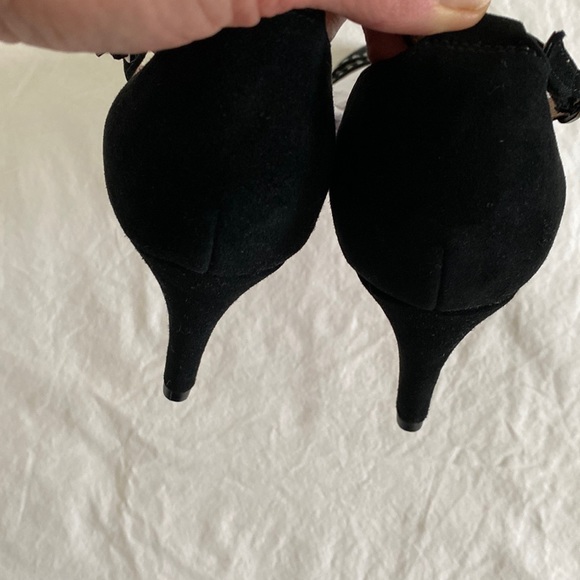 Anthropologie Pointed T-Strap Black Suede Rhinestone Heels - Picture 5 of 15